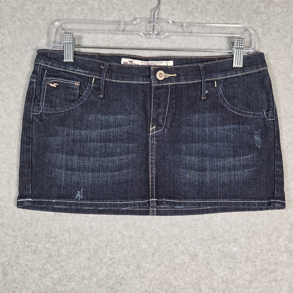 Hollister Denim Micro Mini Skirt Women Jr 1 Dark Wash Stretch Y2K Low Rise